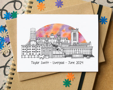 Celebrate Taylor Swift's Eras Tour - Liverpool Skyline Greetings Card