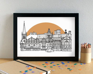 Wakefield Skyline Landmarks Art Print - can be personalised - unframed