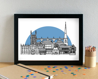 Worcester Skyline Landmarks Art Print - can be personalised - unframed