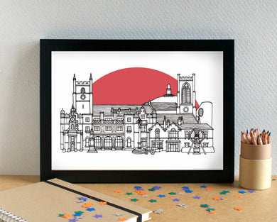 Newcastle-under-Lyme Skyline Landmarks Art Print - can be personalised - unframed