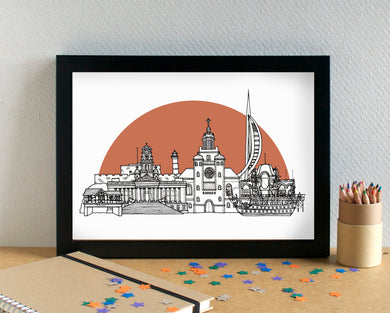 Portsmouth Skyline Landmarks Art Print - can be personalised