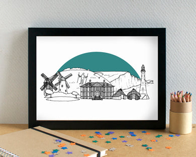 South Downs Skyline Landmarks Art Print - can be personalised - unframed