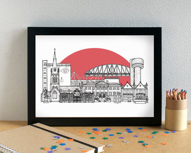 Warrington Skyline Landmarks Art Print - can be personalised - unframed